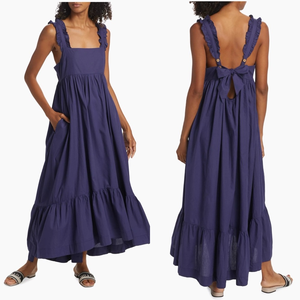 Free People Isabella Ruffled Cotton-Blend Midi Dress Blue Women’s Size Medium